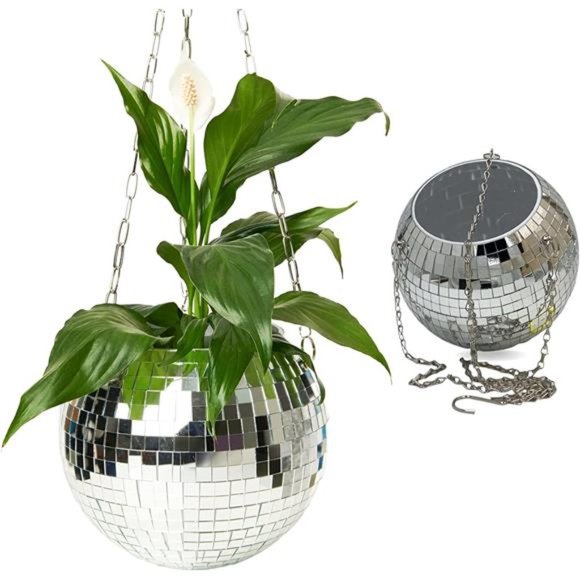 Other - Disco Ball Planter - Unique Silver Hanging Planter with Chain & Wood Stand - 8in